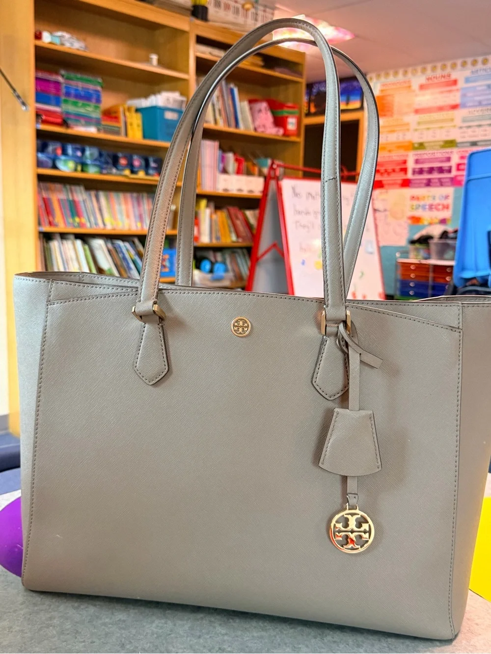 Tory Burch Taupe Saffiano Tote with Gold Logo Charm